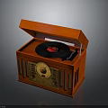 Red Record Player With Wooden Case Open Lid And Vinyl Record Golden Control Panel